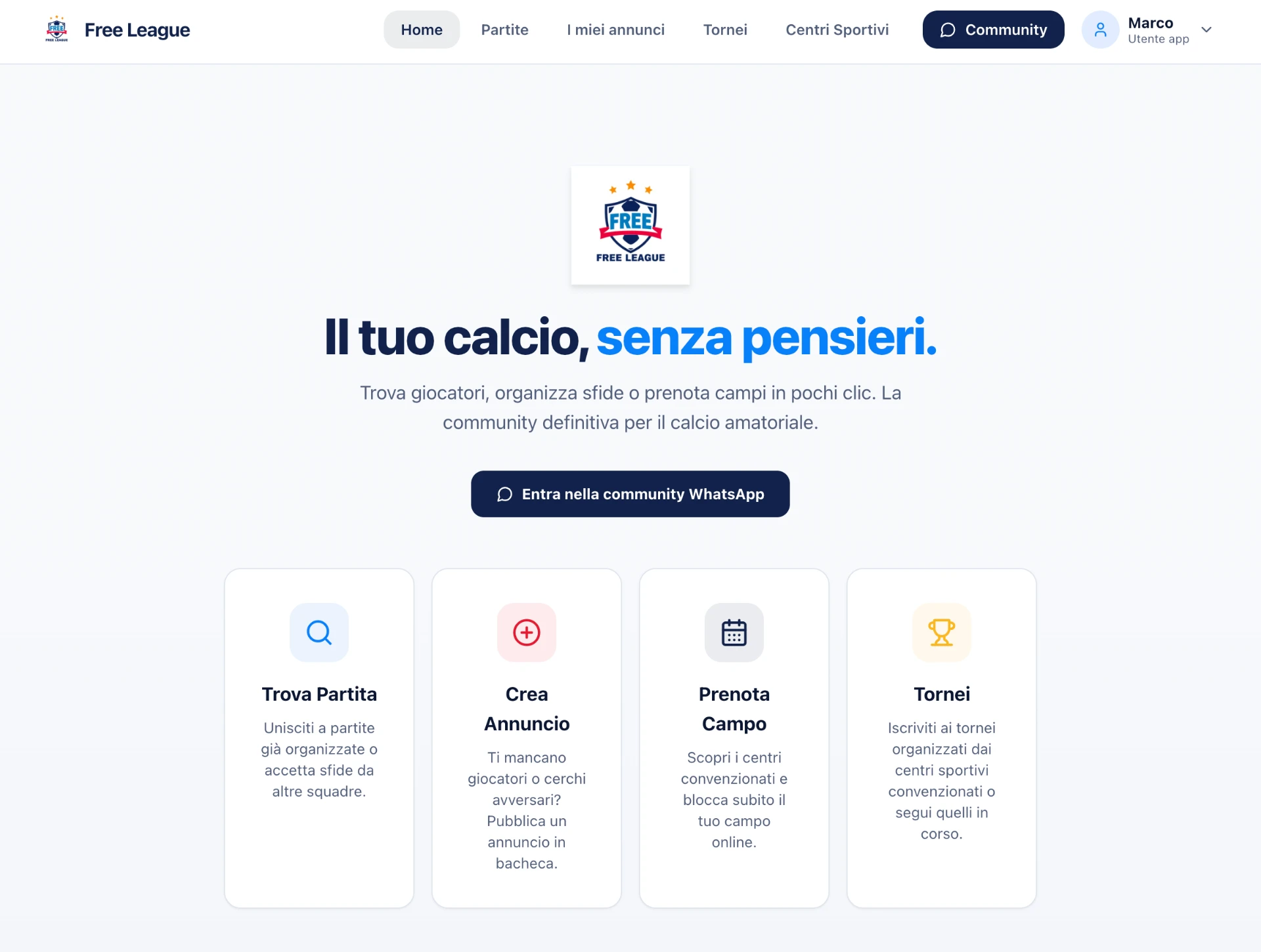Home dell'app Free League per i giocatori