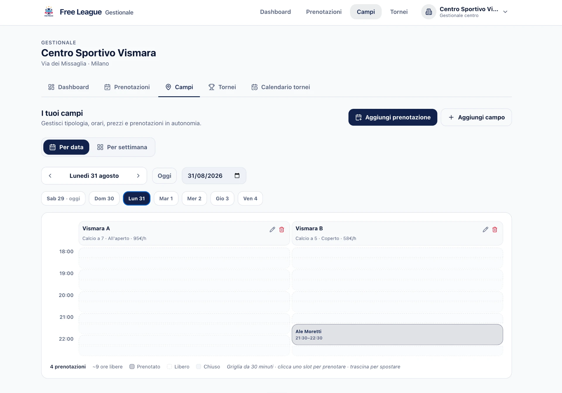 Calendario dei campi con disponibilità nel gestionale Free League