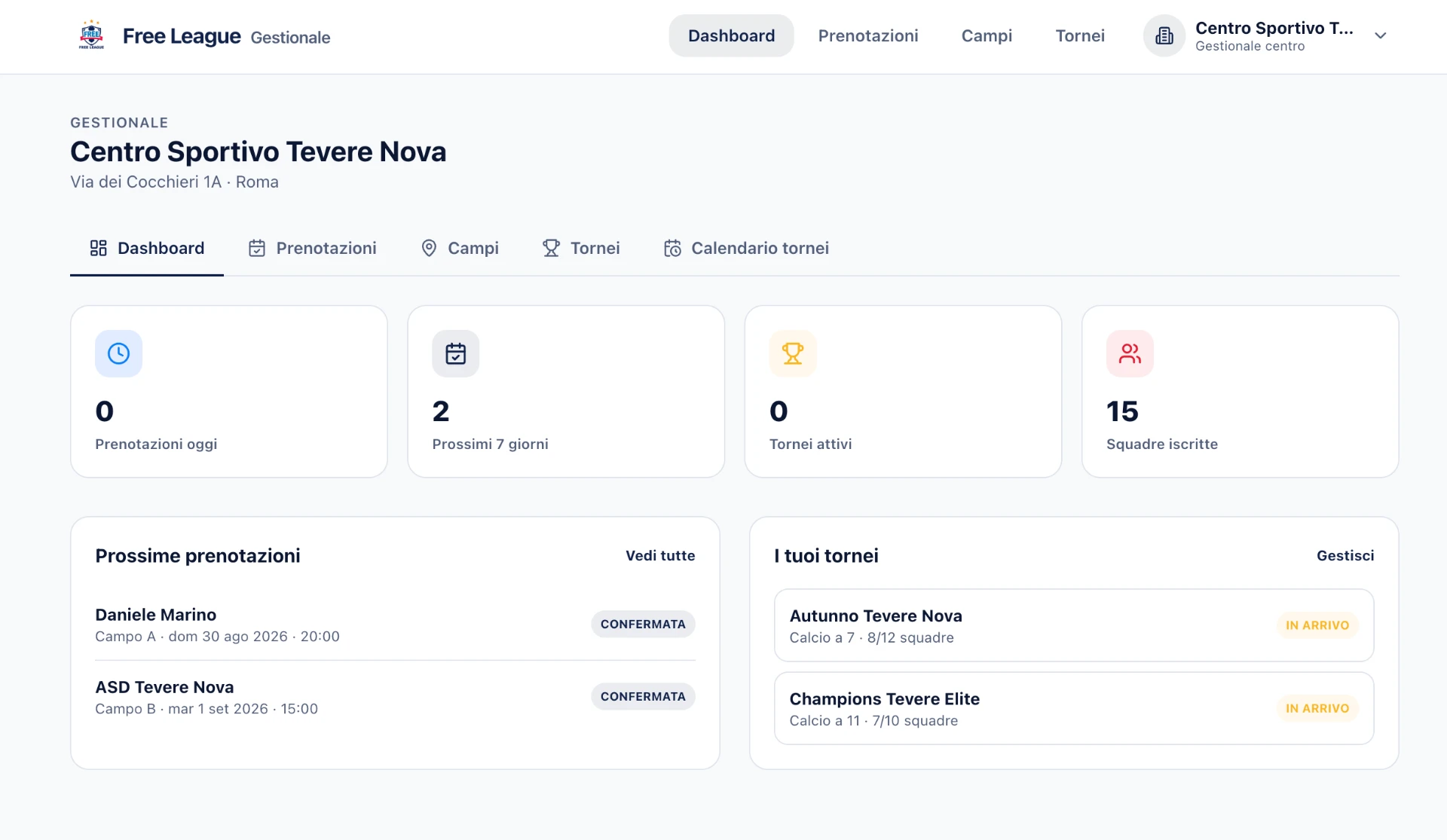 Dashboard del gestionale Free League per il centro sportivo